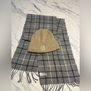 Calvin Klein Beige Beanie and Gray Plaid Scarf Set